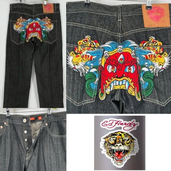 Ed Hardy Rare Y2K Baggy Jeans Men’s 38  Japan Serpent Snakes Tigers Black Denim - Picture 1 of 10